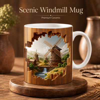 Scenic Windmill Mug – Premium Ceramic Coffee Mug with 3D Rural Landscape Wraparound Design, Microwave & Dishwasher Safe